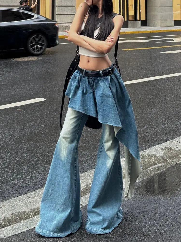 Y2K Retro Washed Design Splicing Fake Two-piece Blue Jeans Women's Popular Loose Sexy