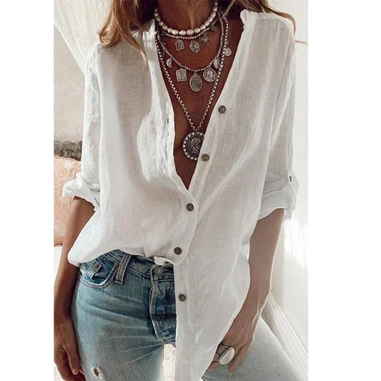 Women's Cotton Linen V-Neck Long Sleeve Shirt - Casual Solid Color Top for Commuter Wear