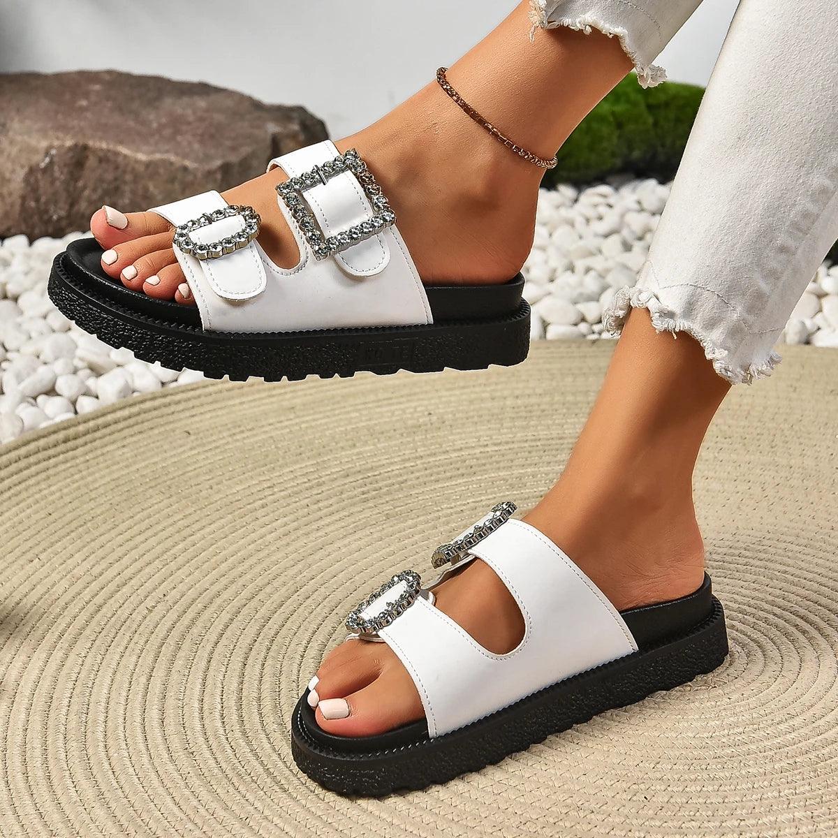 Fashionable Thick-soled Sandals for Women's Outer Wear Summer New Casual Beach Shoes Casual Rhinestone Double-strap Slippers