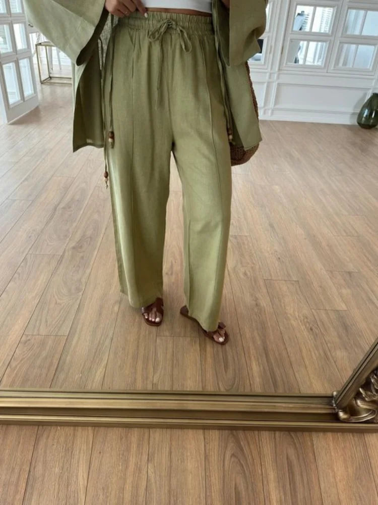 Casual Beading Lace Up Shirt Pants Set Women