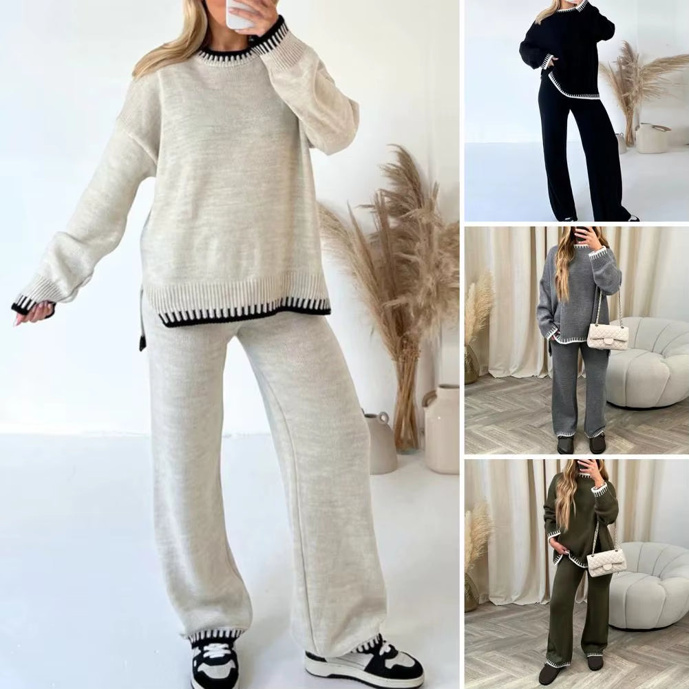 2023 Aliexpress Cross Border Long Sleeve Brown Temperament Wide Leg Pants Fashion Loose High Neck Casual Two Piece Sweater Set