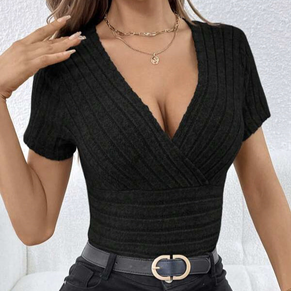 Women's V-neck Cross Wrapped Chest Design Ribbed
