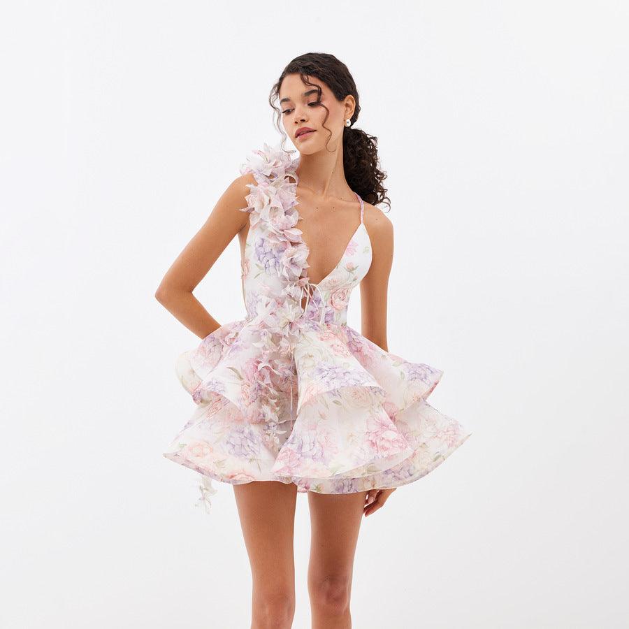 Floral print slim fit V-neck floral bud skirt