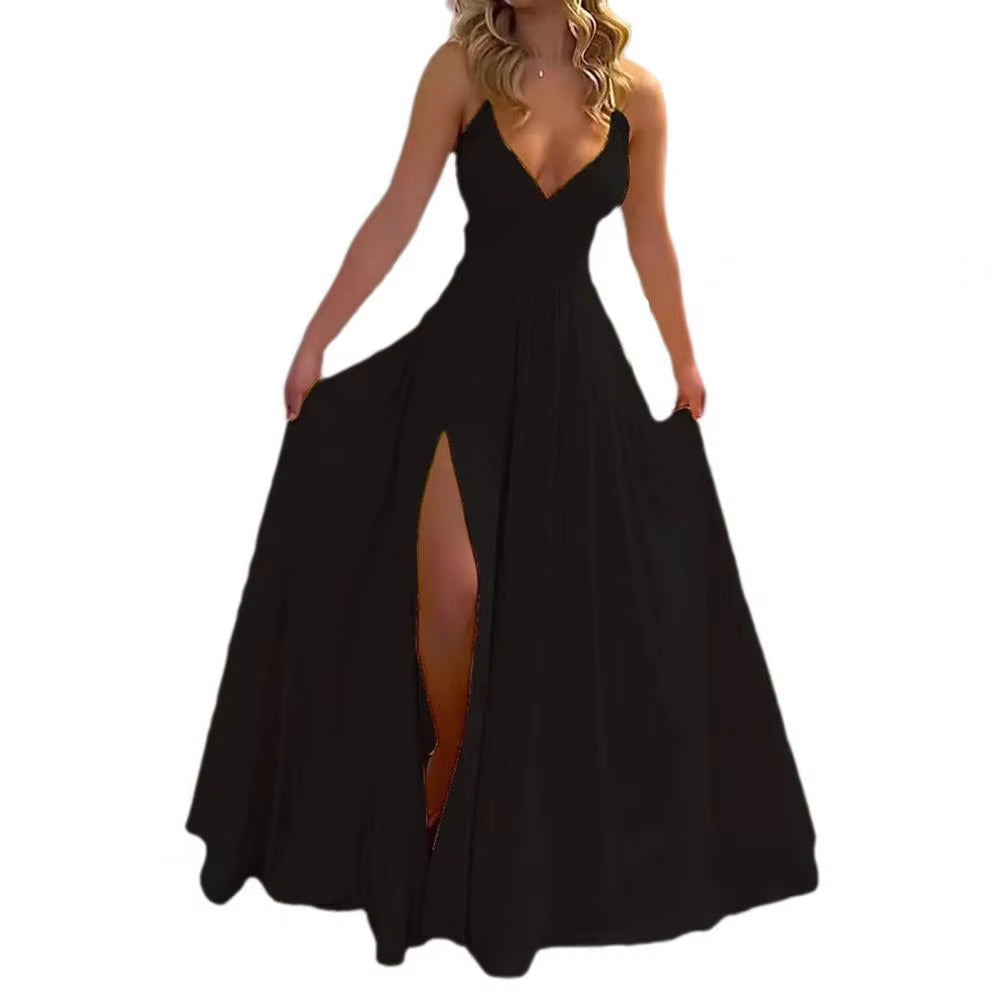 Women Maxi Dress Summer Fashion Suspender Solid Sleeveless off Shoulder Low-Cut V Neck Slit Slim 