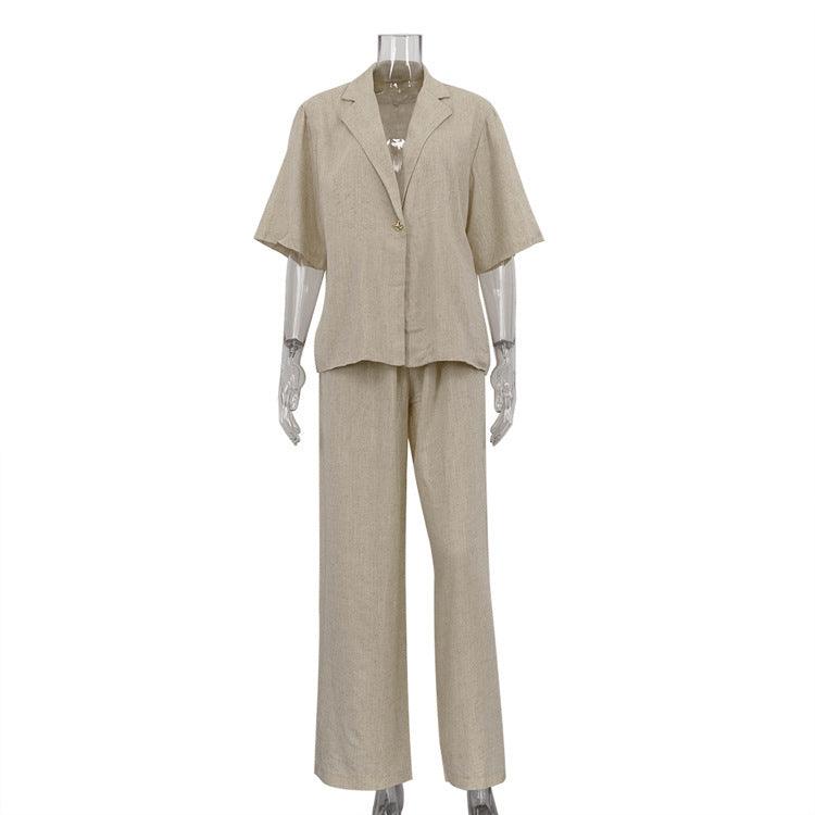 Linen Commuter Lapel Half Sleeve Cardigan Top Loose Wide Leg Pants Two-piece Set