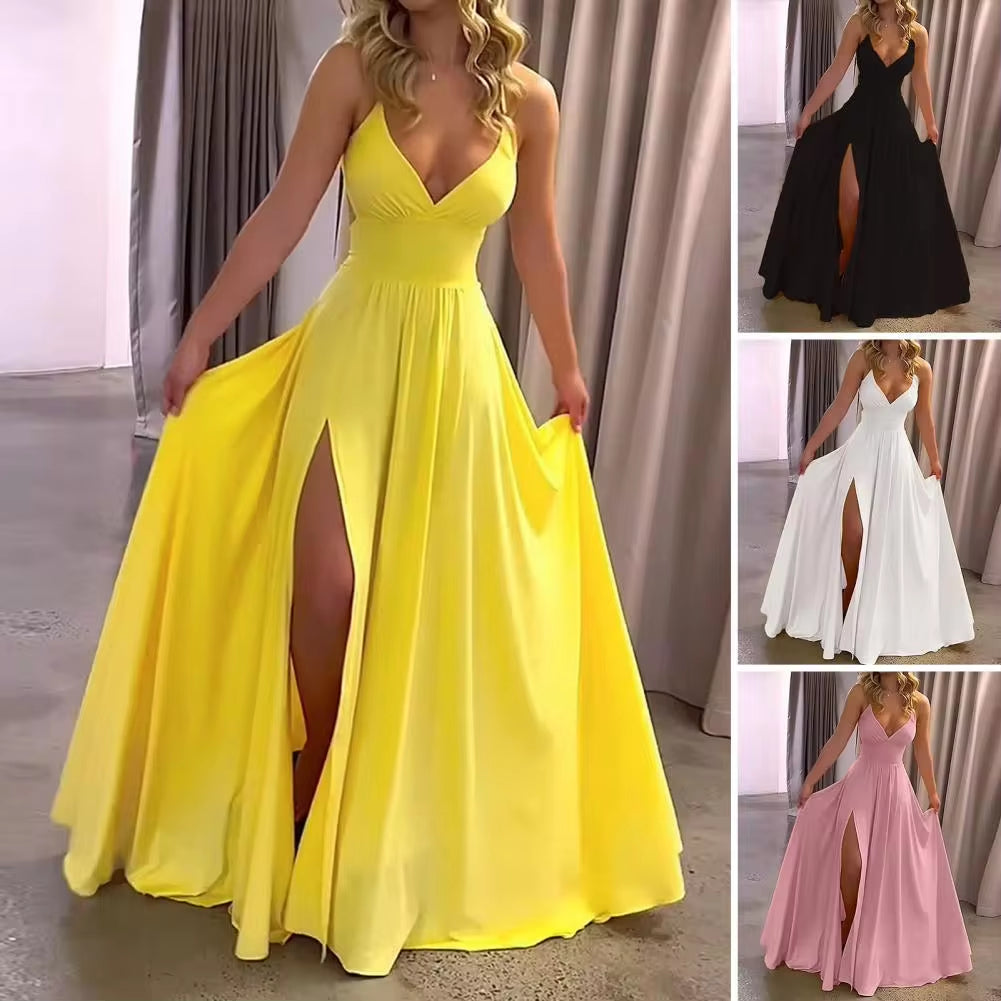 Women Maxi Dress Summer Fashion Suspender Solid Sleeveless off Shoulder Low-Cut V Neck Slit Slim 