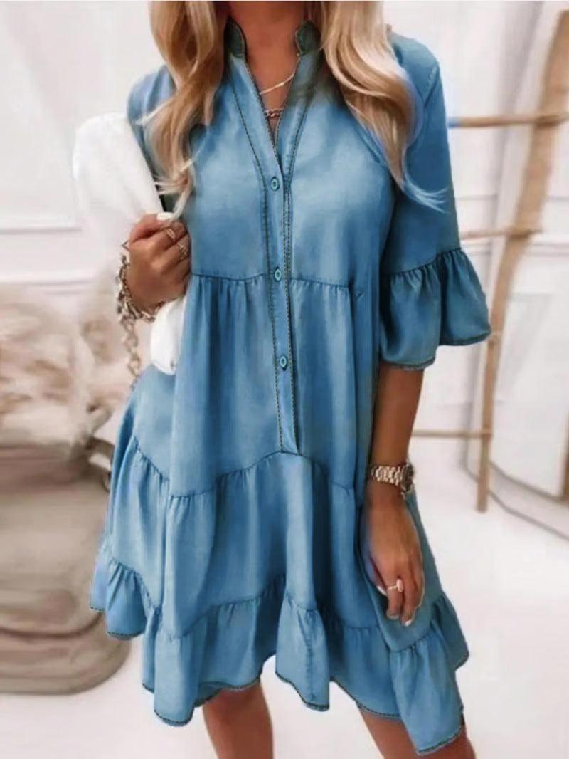 Washed Cotton Half Sleeve Mid-length Denim Dress