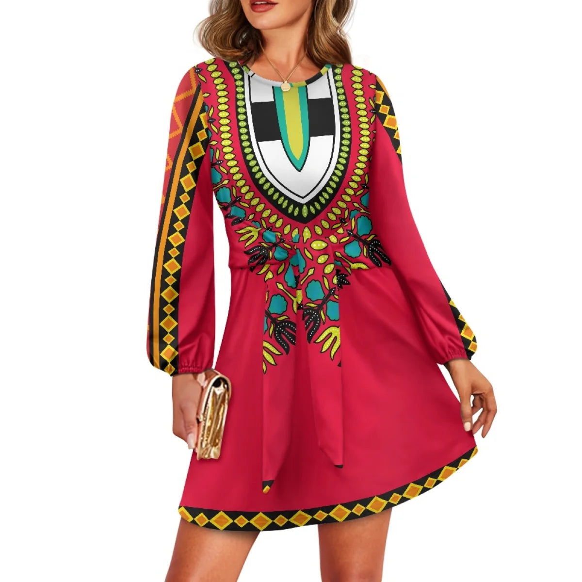 O neck women trumpet sleeve dress Polynesian tropical style women formal elegant evening dress 2025