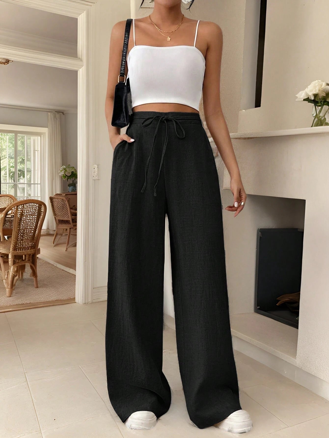 Frenchy Women'S Drawstring Pocket Straight Wide-Leg Comfortable Casual Elegant Pants Linen Striped Trousers Teacher Pants Teacher Clothes Fall Outfits Back to School Commute Minimalist Office Old Money Simple