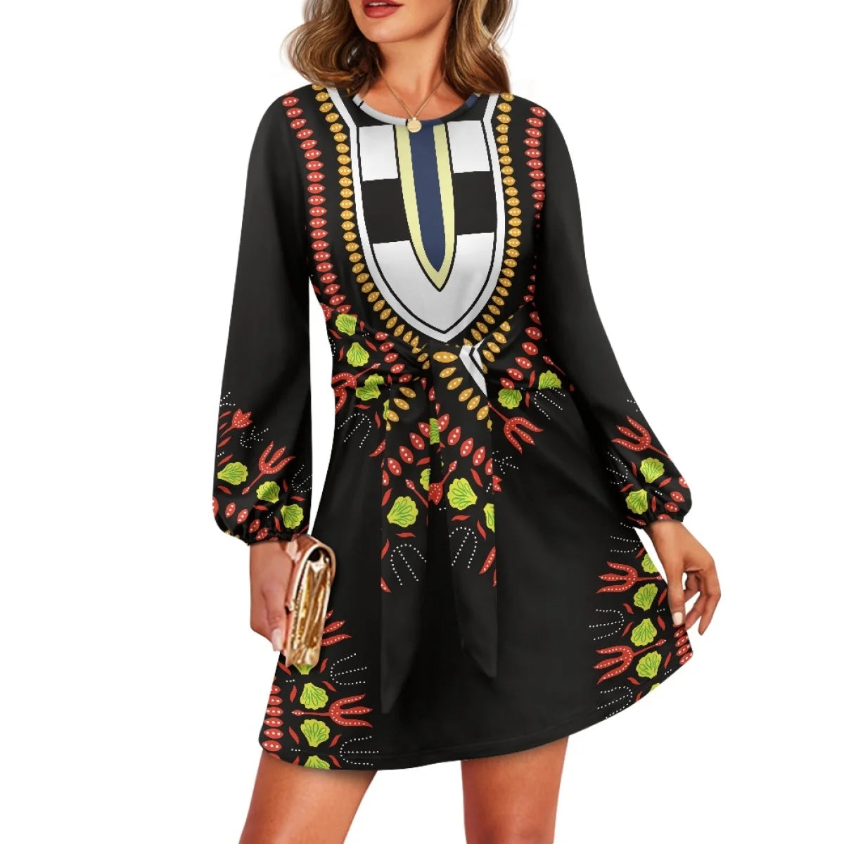 O neck women trumpet sleeve dress Polynesian tropical style women formal elegant evening dress 2025