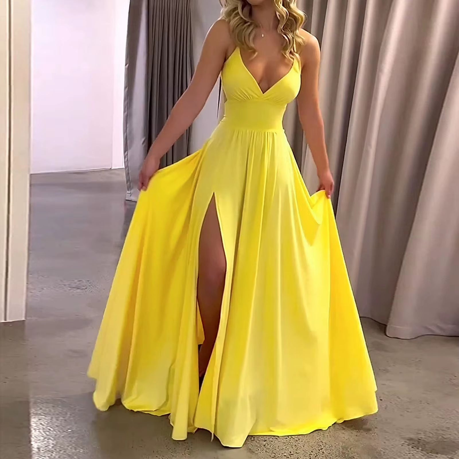 Women Maxi Dress Summer Fashion Suspender Solid Sleeveless off Shoulder Low-Cut V Neck Slit Slim 