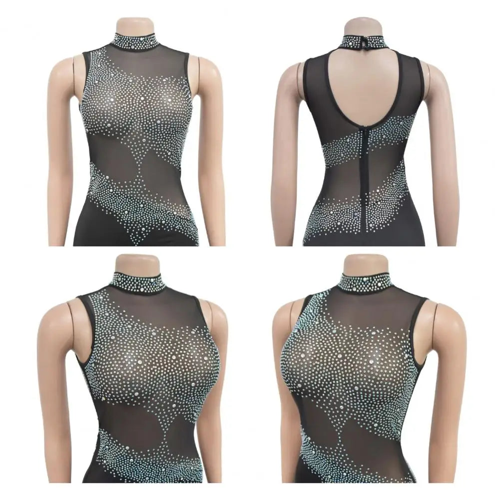 Women Lady Maxi Dress Elegant Rhinestone Decor Embellished