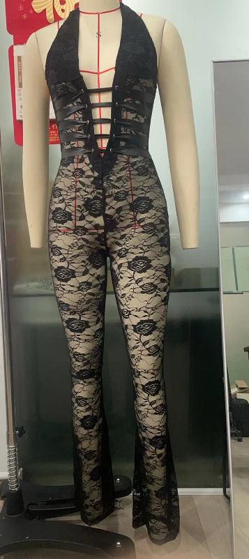 Lash Rope Lace up Slim Fit Jumpsuit See-Through