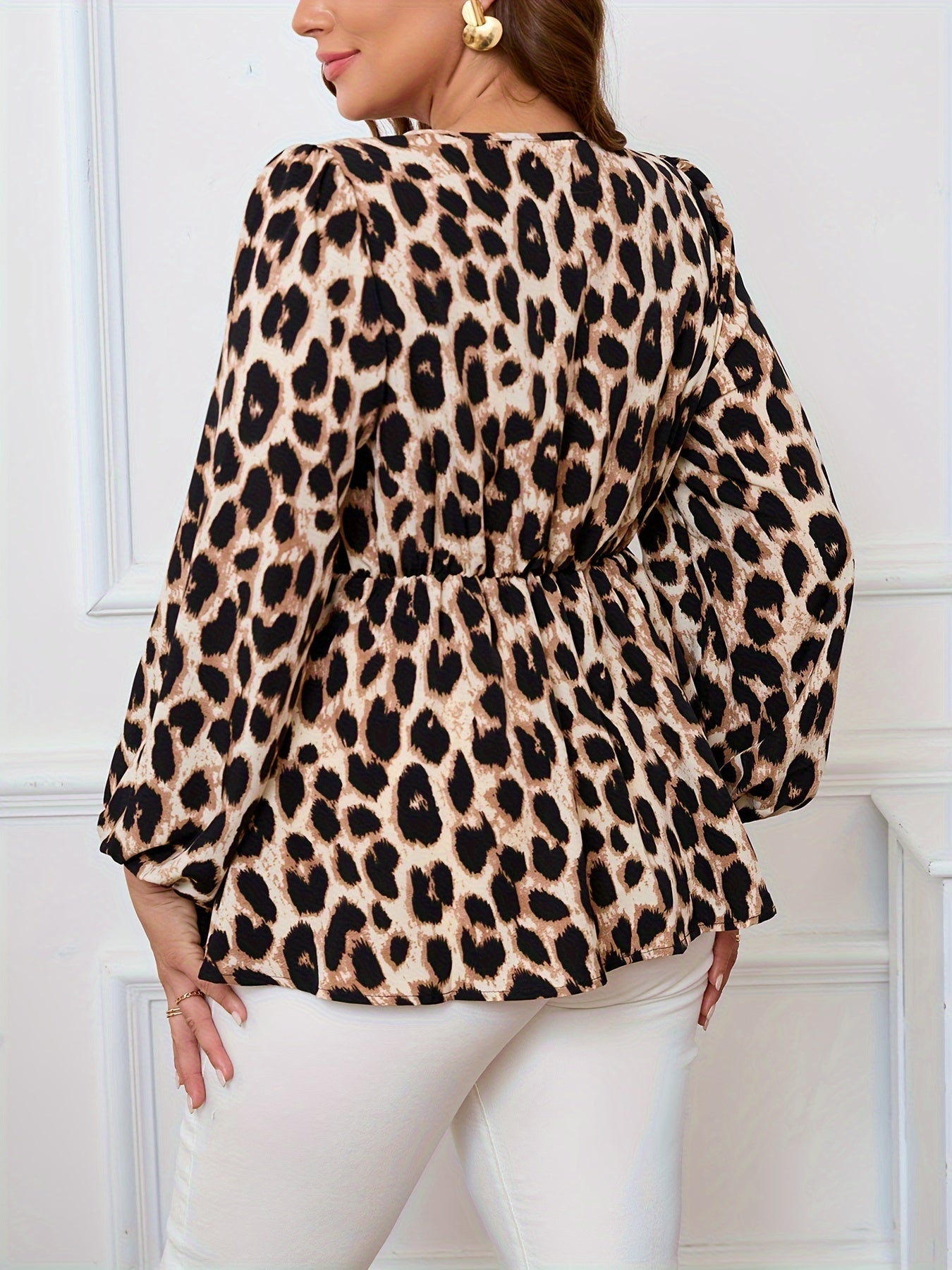 Women's Plus Size Leopard Print Tie-Up Blouse - Casual V-Neck Long Sleeve