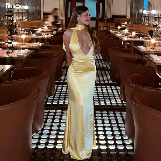 Cryptographic Satin Deep V Neck Halter Maxi Dress