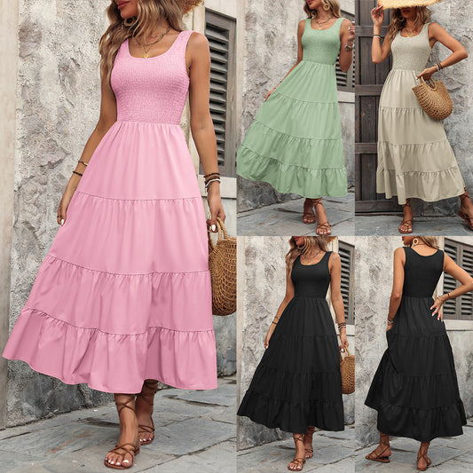 Summer women's strappy dress with pleated patchwork and a large A-line hem
