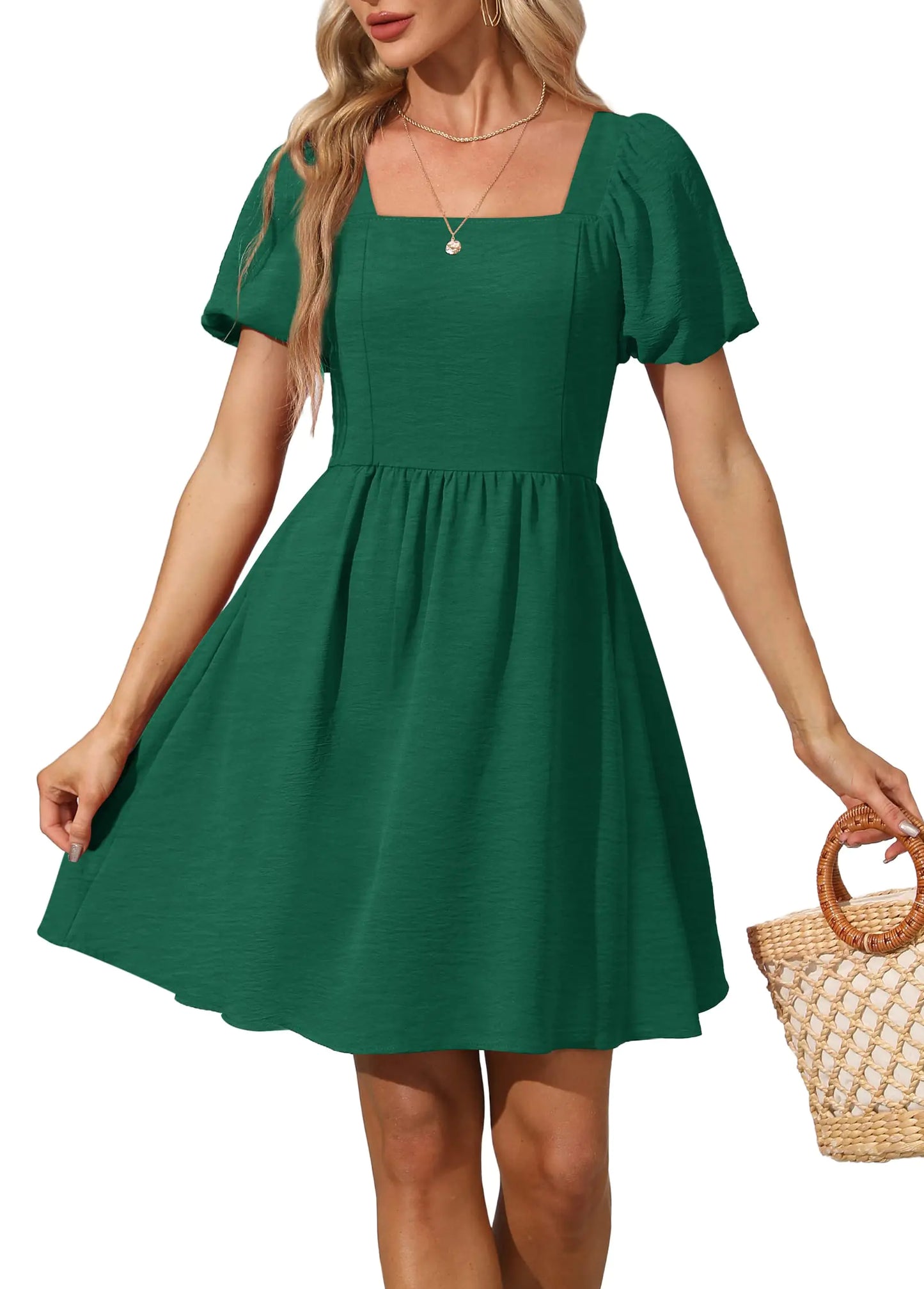 OFEEFAN Short Sleeve Dress for Women Green Square Neck Above Knee Mini Dresses with Zipper