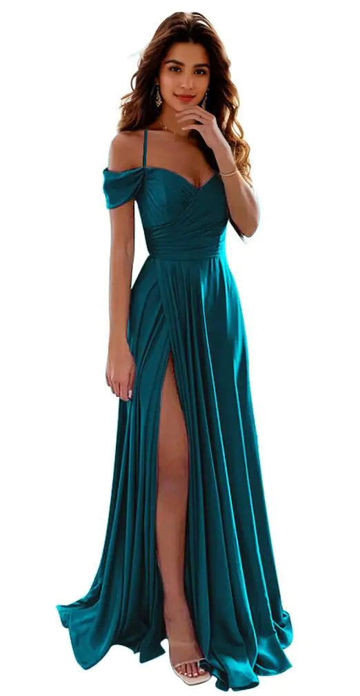 Satin Bridesmaid Dresses for Wedding Off The Shoulder Prom Dresses Long with Slit Peacock US Size 8 IIF006