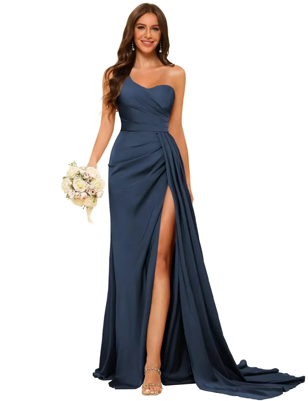 Dessiny Navy Blue Bridesmaid Dresses Plus Size for Women 2024 Ruched Long Satin One Shoulder Mermaid Bodycon Prom Dresses with Slit US16W