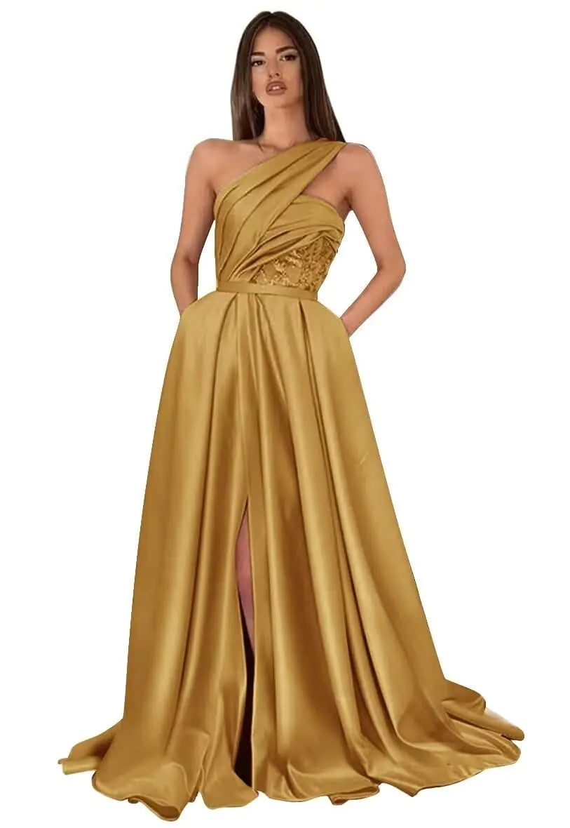 Satin One Shoulder Prom Dresses Long Ball Gown with Pockets Lace A Line Formal Dresses with Slit for Women Plus Size 18 Gold